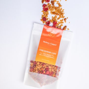 Lychee, raspberry and rose vegan granola by Melissa Coppel